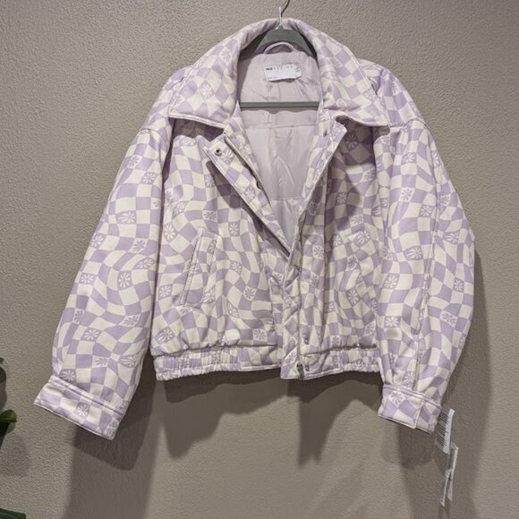 NWT- ASOS * Printed Faux Leather Bomber Jacket in Lilac * Size 12 - Picture 5 of 13